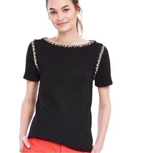 Banana Republic XS Black Short Sleeve Cotton Top Gold White Metallic Rope Trim